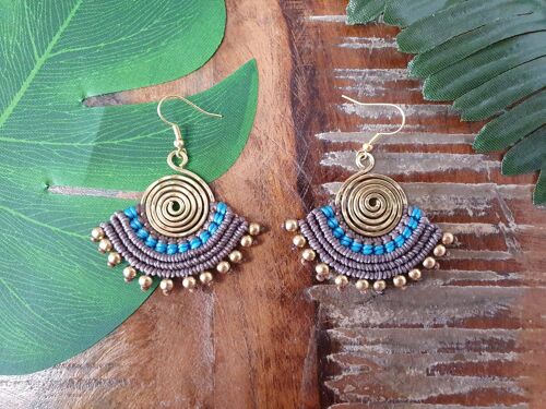 Blue & grey mini fan boho macrame earrings