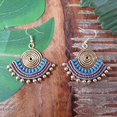 Blue & grey mini fan boho macrame earrings