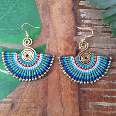 Blue macrame boho fan earrings