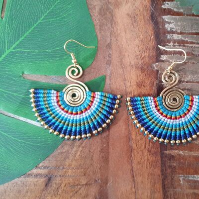 Blue macrame boho fan earrings
