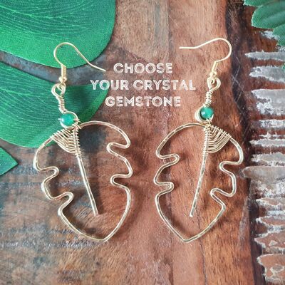 Brass wire monstera botanical crystal earrings