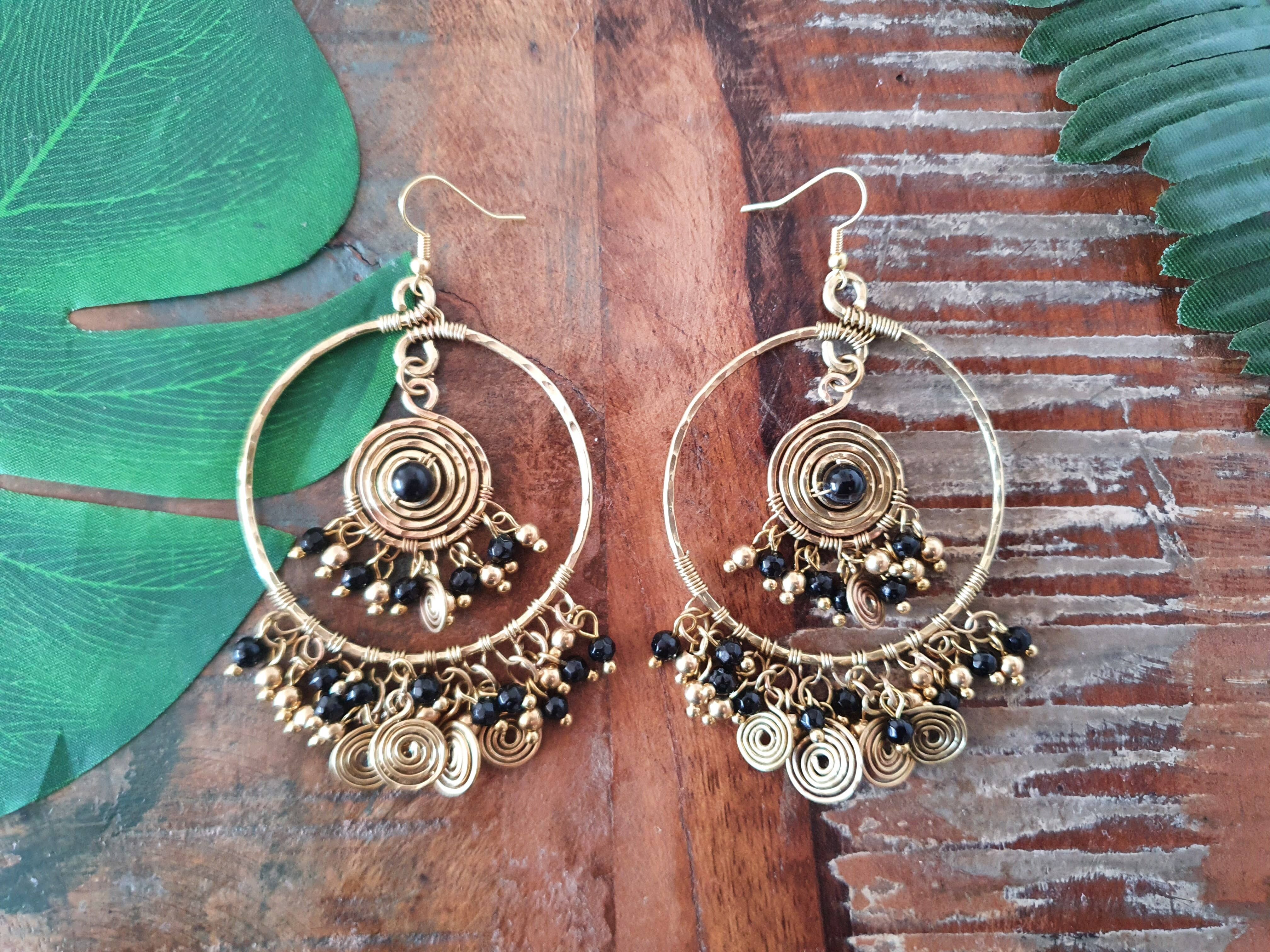 Onyx & black agate crystal statement hoop earrings