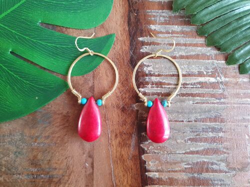 Red howlite raindrop crystal gold hoop earrings