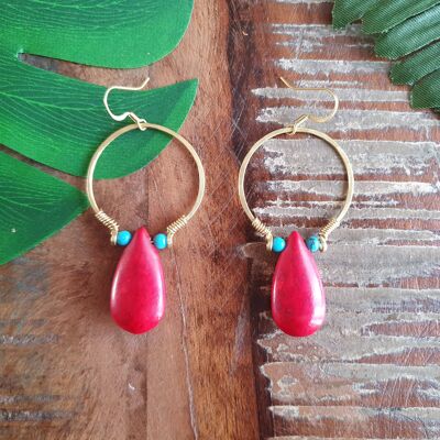 Red howlite raindrop crystal gold hoop earrings
