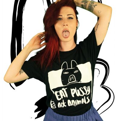 T-shirt Mange la chatte pas les animaux NOIR