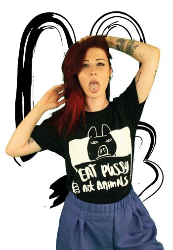 T-shirt Mange la chatte pas les animaux NOIR 1