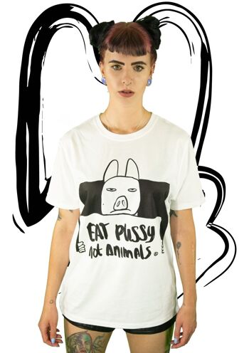 T-shirt Mange la chatte pas les animaux BLANC 1