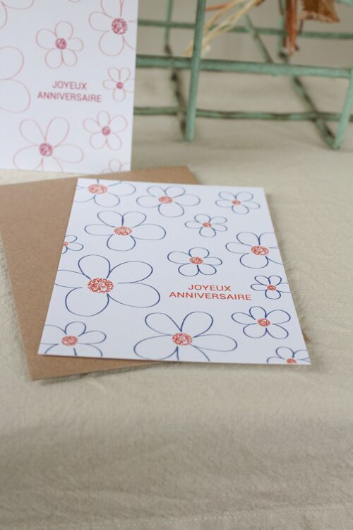 Carte postale Joyeux anniversaire fleurs - bleu et orange