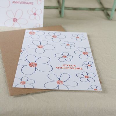 Carte postale Joyeux anniversaire fleurs - bleu et orange