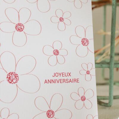 Carte postale Joyeux anniversaire fleurs - rose et prune