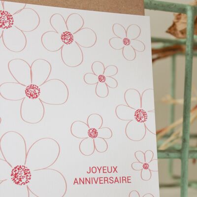Carte postale Joyeux anniversaire fleurs - rose et prune