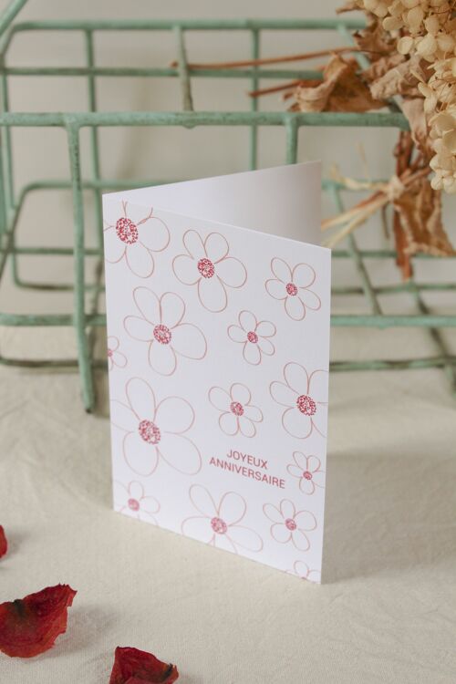 Carte postale à volet - Joyeux anniversaire fleurs prune et rose