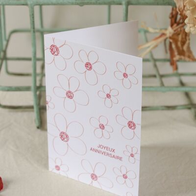 Cartolina con lembo - buon compleanno prugna e fiori rosa