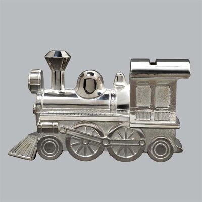 Money box in silver metal Locomotive