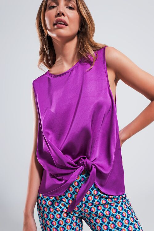 Satin knot front top in fuchsia