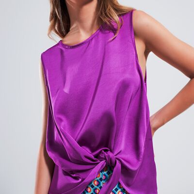 Satin knot front top in fuchsia