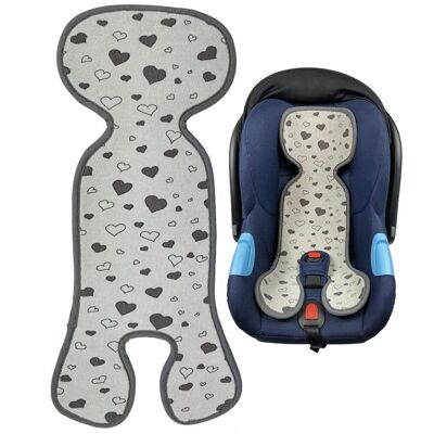 Housse de siège bébé été anti-transpiration pour poussettes - jusqu'à 15 mois environ - coque de siège bébé poussette et siège auto pour bébé tapis enfant - universel - filles garçons - gris neutre avec coeurs