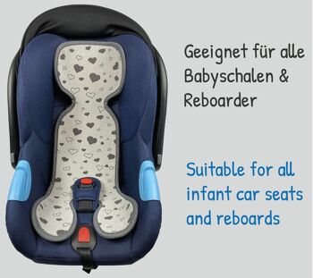 Housse de siège bébé été anti-transpiration pour poussettes - jusqu'à 15 mois environ - coque de siège bébé poussette et siège auto pour bébé tapis enfant - universel - filles garçons - gris neutre avec coeurs 9