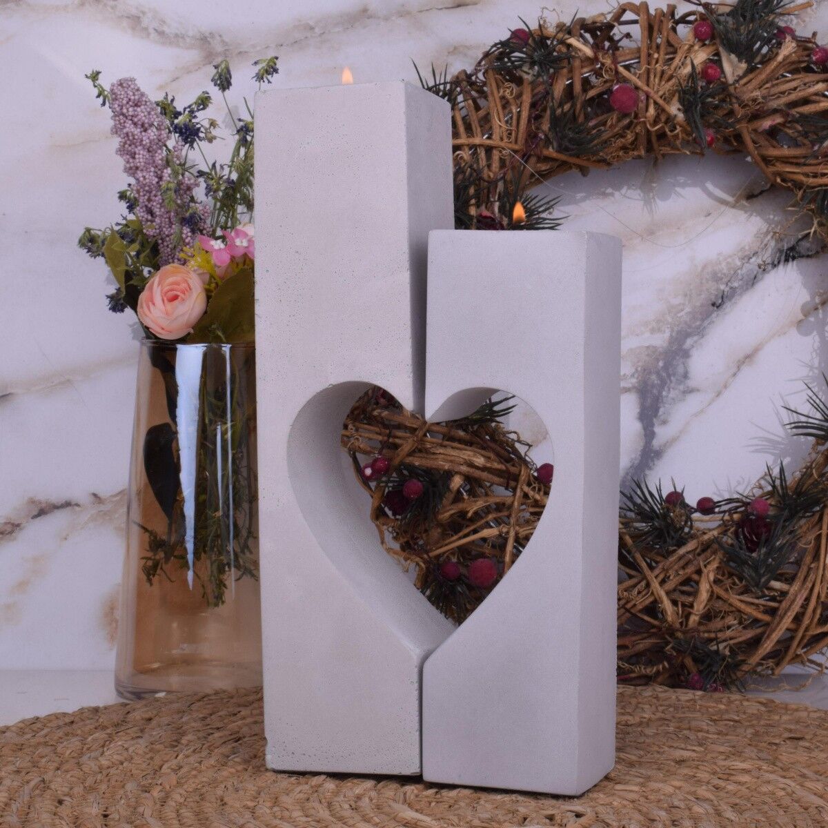 Teelichthalter "Herz" Deko Design aus Beton zweiteilig