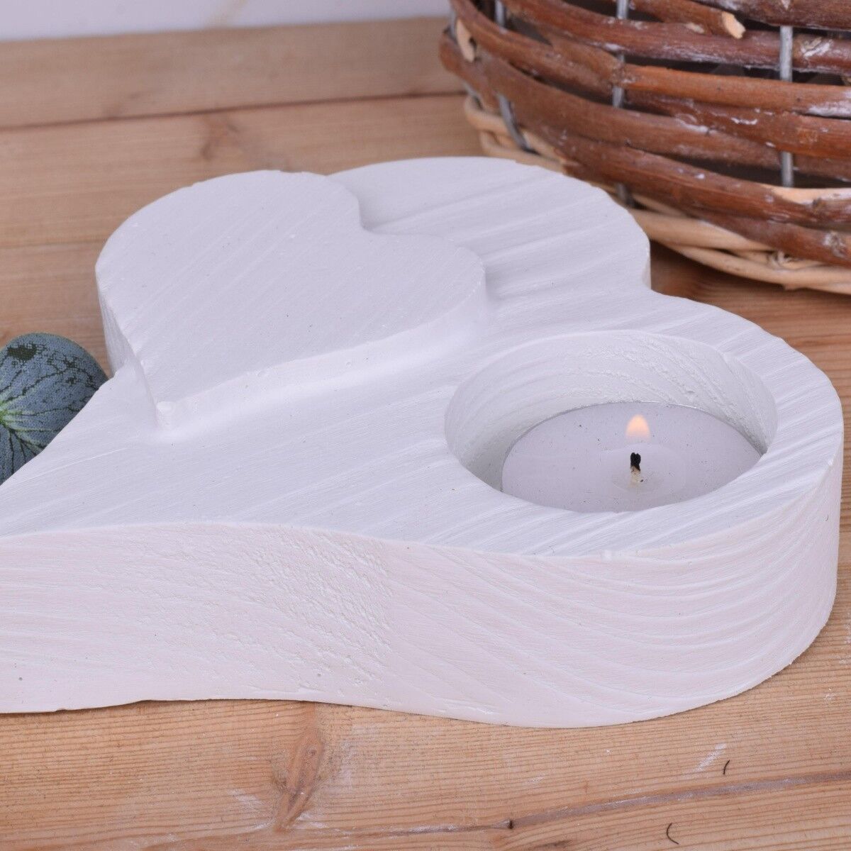 Portacandele Tealight "Cuore" bianco effetto legno design 14x13cm