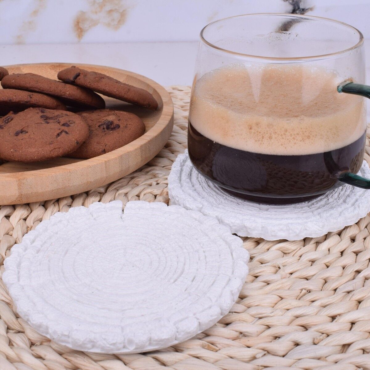 Piatto portacandele aspetto legno bianco (set di 2) Ø12cm