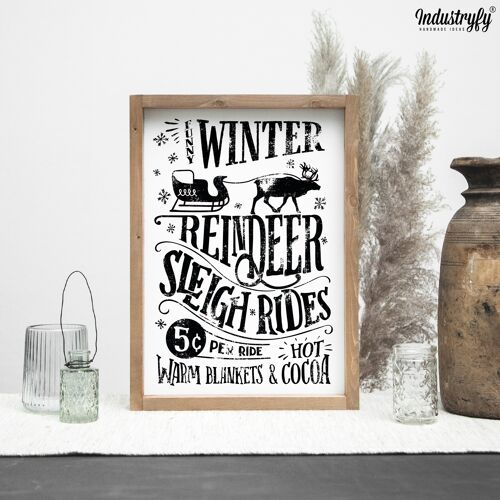 Farmhouse Design Schild "Funny Winter Reindeer Sleigh Rides 5 Cent" - 42x30 - mit Rahmen