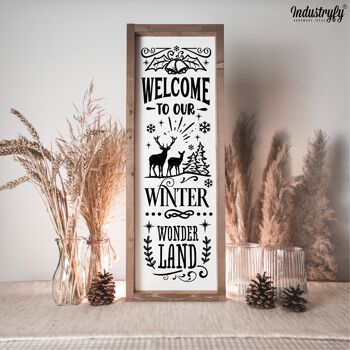 Panneau design de ferme "Bienvenue dans notre pays des merveilles d'hiver" - 60x20 - avec cadre 1