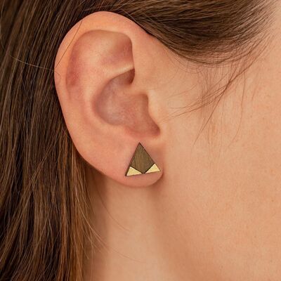 Wooden ear studs triangle - walnut - gold