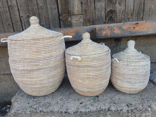 SET of 3 hand woven sea grass boho baskets - 3-er SET Boho-Körbe handgeflochten