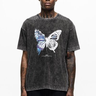 T-shirt noir Fragment Butterfly délavé à l'acide