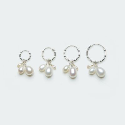 Triple pearl bunch charm hoop earring silver