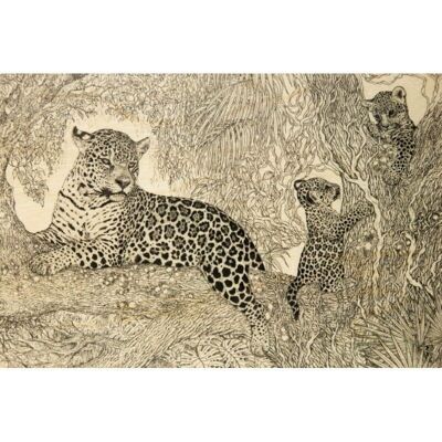 Postal de madera - leopardo negro y colores 15cmX10cm