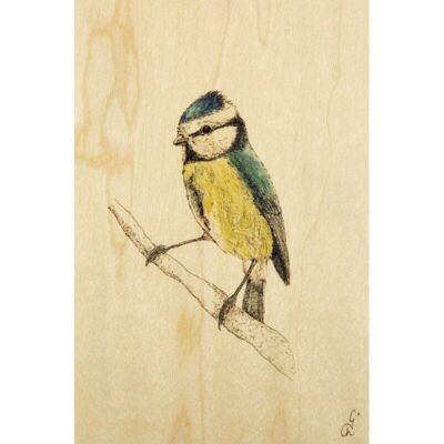 Postal de madera- Pájaro negro y colores amarillo