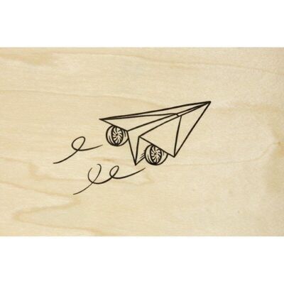 Postal de madera- madera + avión de papel