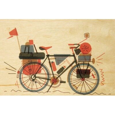 Postal de madera - viaje en súper bicicleta