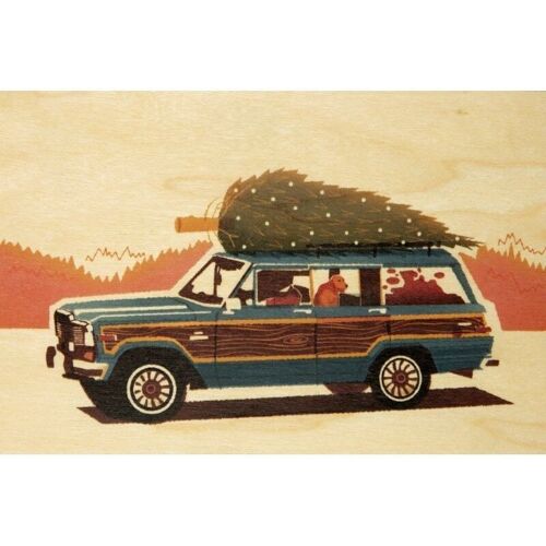Carte postale en bois- voyage Xmas tree on a car