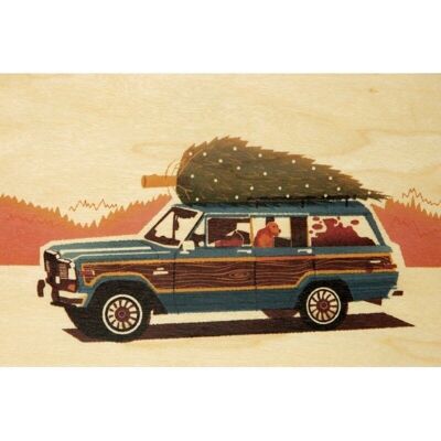 Wooden postcard- travel Xmas tree on a car