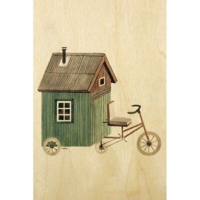 Cartolina di legno- casa invernale su ruote