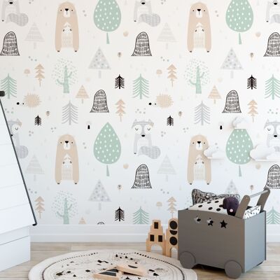 Green and gray friends of the forest adhesive vinyl wallpaper 50x300 cm