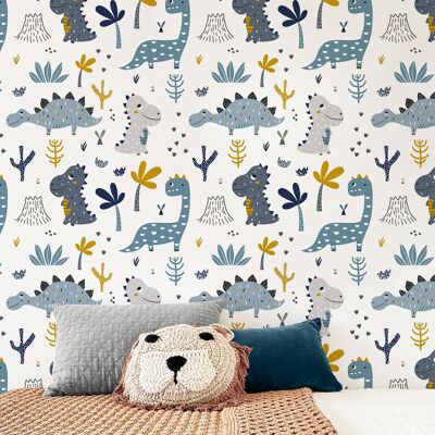 Blue and mustard dinosaurs adhesive vinyl wallpaper 50x300 cm