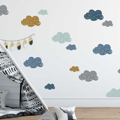 Vinyl stickers with blue and mustard clouds