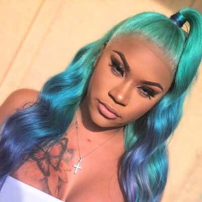 LILAC & MINT BLUES  THREE TONE OMBRE BRAZILIAN HUMAN HAIR LACE FRONT WIG  BRAZILLIAN HAIR , PRE-PLUCKED TRANSPARENT SWISS LACE WIG - 20 INCHES