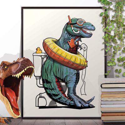 Dinosaurio Tyrannosaurus Rex en el póster del baño.