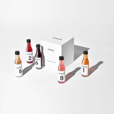 Jukes Tasting Box - 0% Alcohol - Apple cider Vinegar based - Mix with water - Mix of 5 flavours in a box - 9 x 30ml bottles in a box
