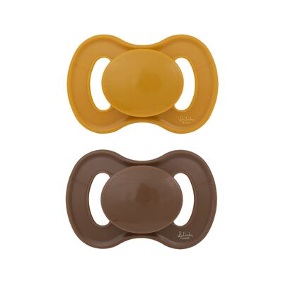 2 pcs. Symmetrical Silicone Soothers Size 2 Honey Mustard & Hazelnut Brown