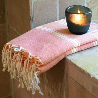 ORGANIC COTTON FOUTA - HAMMAM Collection - WHITE & CORAL color