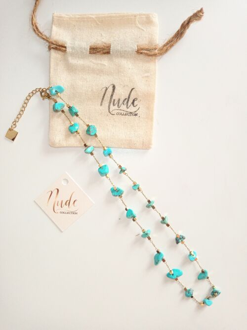 COLLIER 40/ 45 cm acier et turquoise