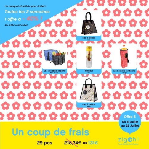 Offre « Sacs fraîcheur » zigoh by valerie nylin : 15 sacs à délice + 5 infuseurs + 5 sacs à bouteille isotherme + 4 SET de 2 sacs cabas cagette = 29 pcs