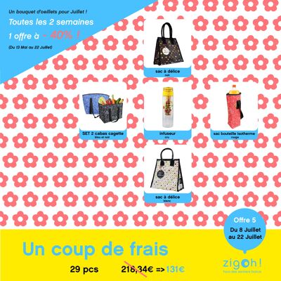 Offer "Fresh bags" zigoh by valerie nylin: 15 delight bags + 5 infusers + 5 insulated bottle bags + 4 SET of 2 crate shopping bags = 29 pcs
