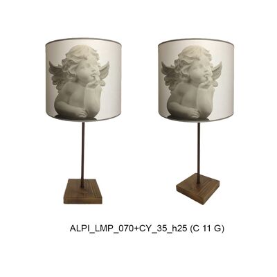 Lampe fer/bois collection Alpina, pied de lampe 70cm avec un abat-jour cylindrique diamètre 35cm hauteur 25cm collection charme avec une tête d'ange